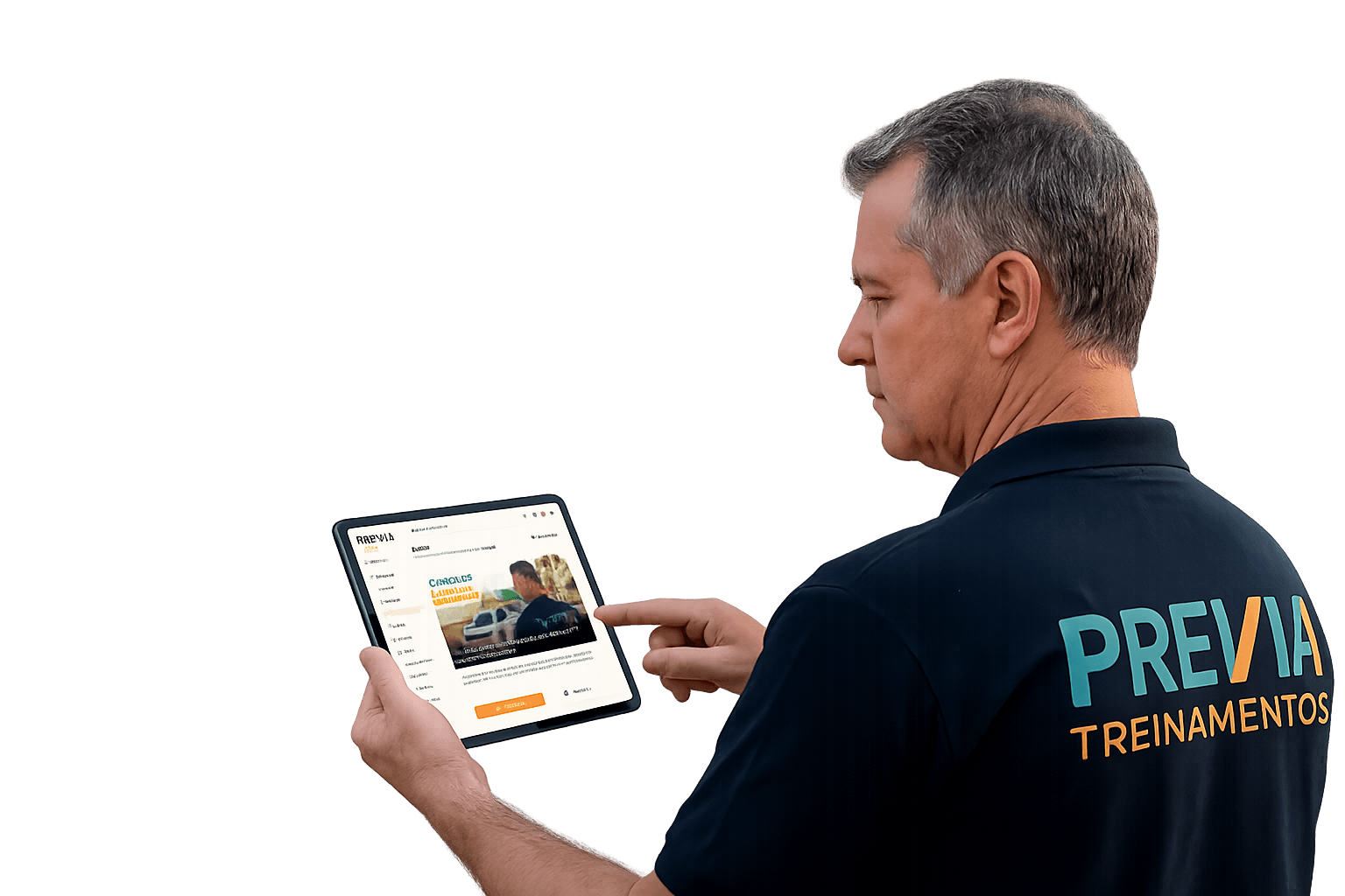 Instrutor Previa Treinamentos utilizando a plataforma no tablet